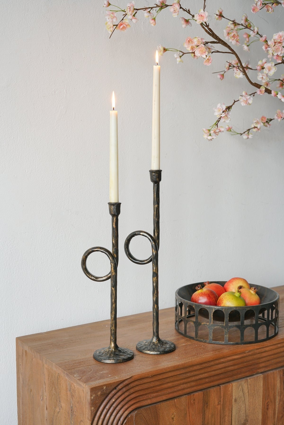 Black and Gold Iron Candle Holders with Playful Loop Design, Set of 2