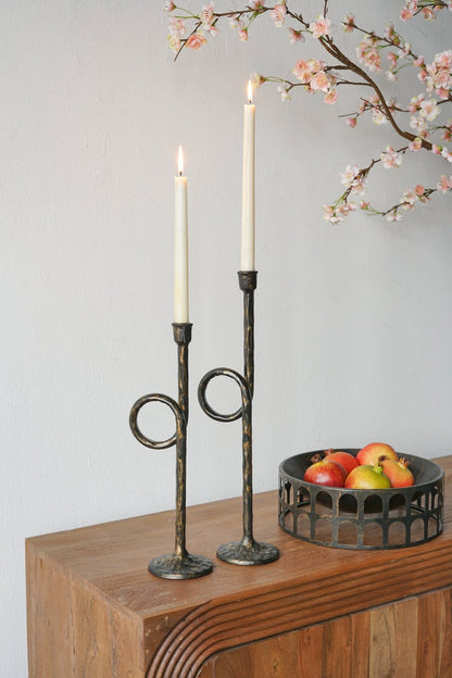 Black and Gold Iron Candle Holders with Playful Loop Design, Set of 2