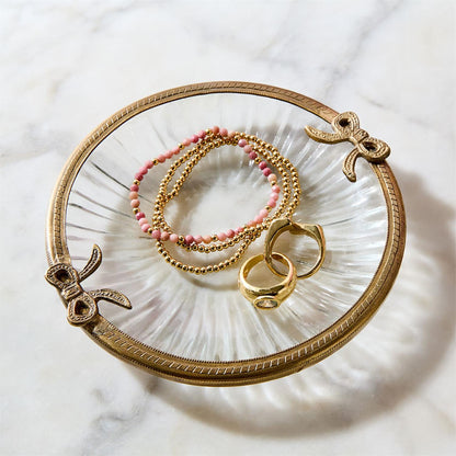 Antique Gold Finish Round Glass Trinket Tray with Bow Accent