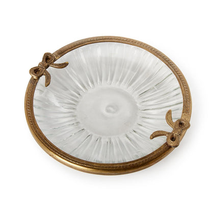 Antique Gold Finish Round Glass Trinket Tray with Bow Accent