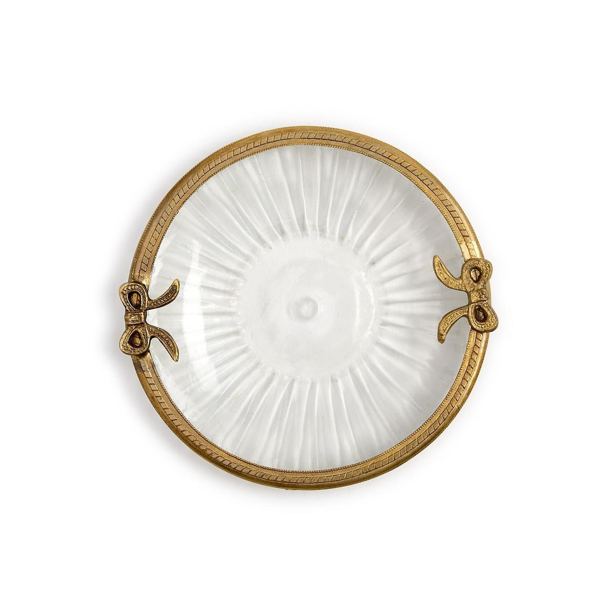 Antique Gold Finish Round Glass Trinket Tray with Bow Accent