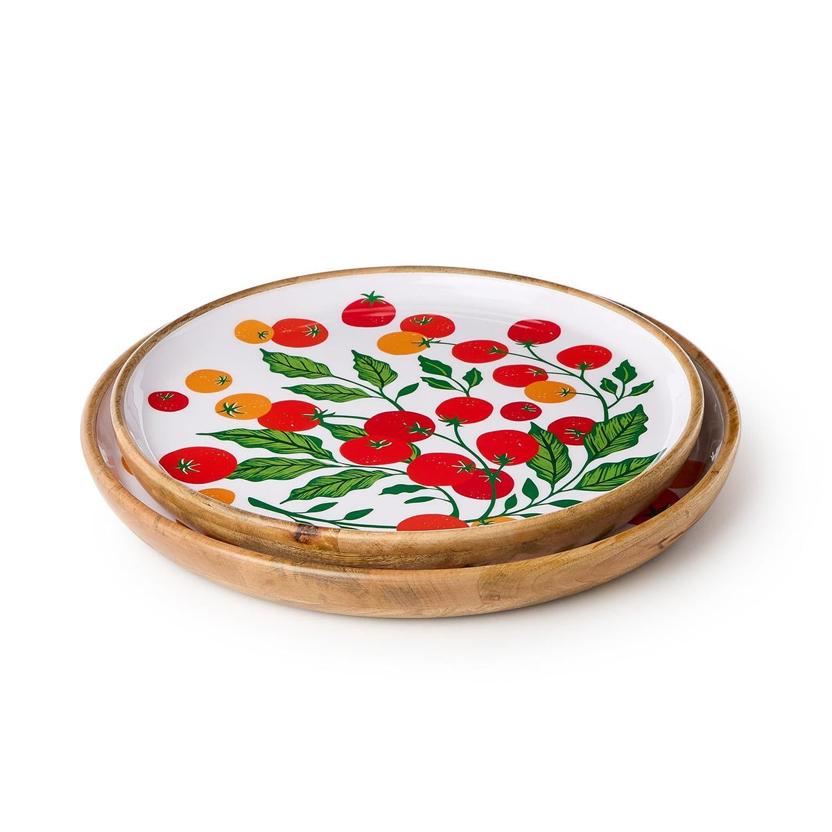 Garden Harvest Set Hand-Crafted Wooden Round Trays with Enamel, Set of 2