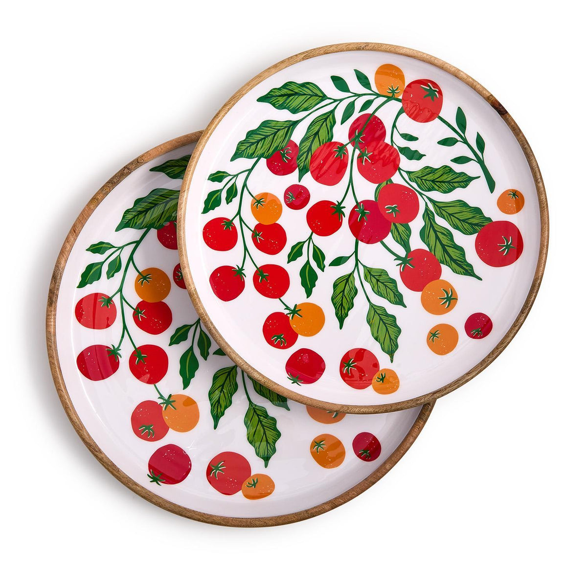 Garden Harvest Set Hand-Crafted Wooden Round Trays with Enamel, Set of 2