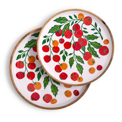Garden Harvest Set Hand-Crafted Wooden Round Trays with Enamel, Set of 2