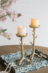 Gold Aluminum Pillar Candle Holder With Coral Branch Design, Set of 2