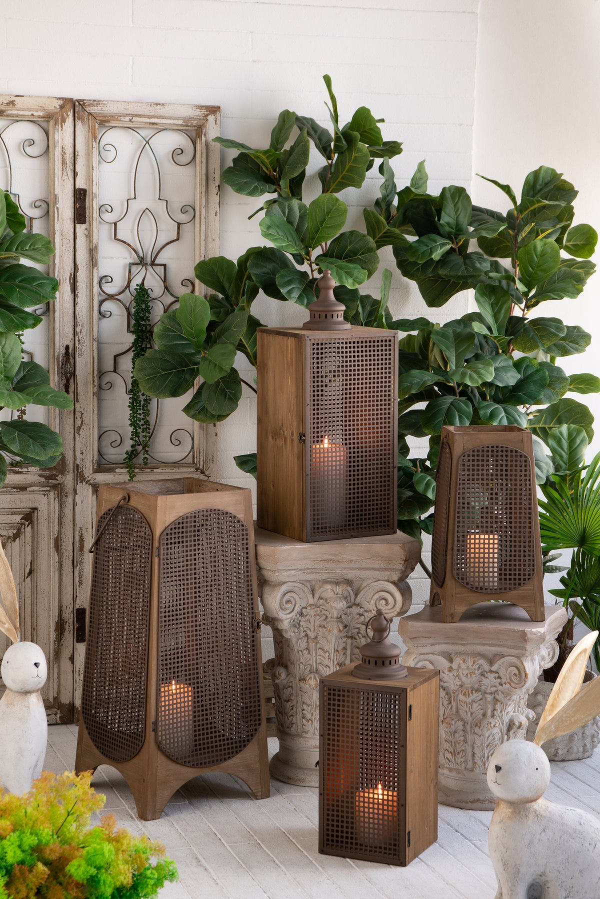 Weathered Brown Lanterns with Arched Legs, Set of 2