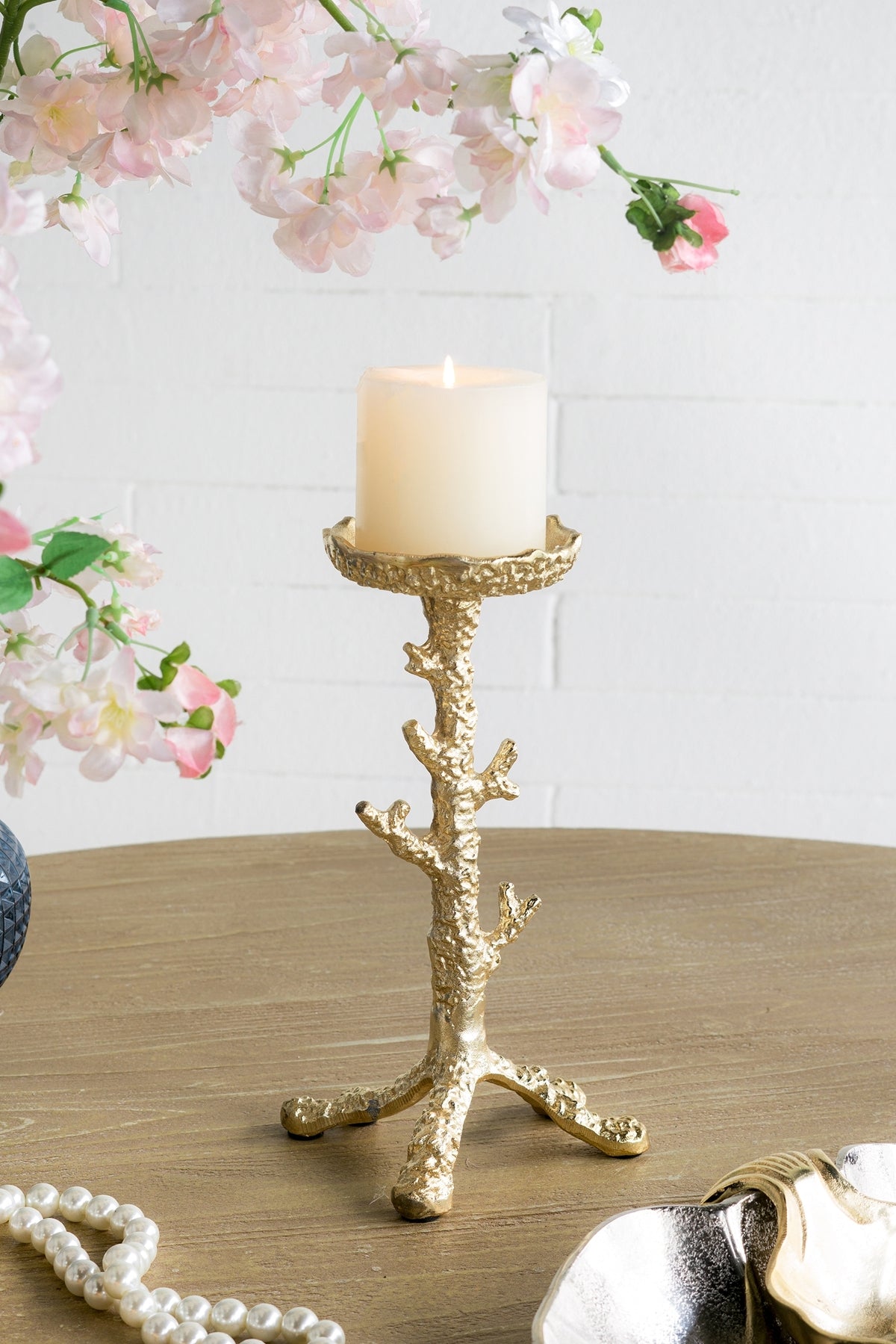 Gold Aluminum Pillar Candle Holder With Coral Branch Design, Set of 2