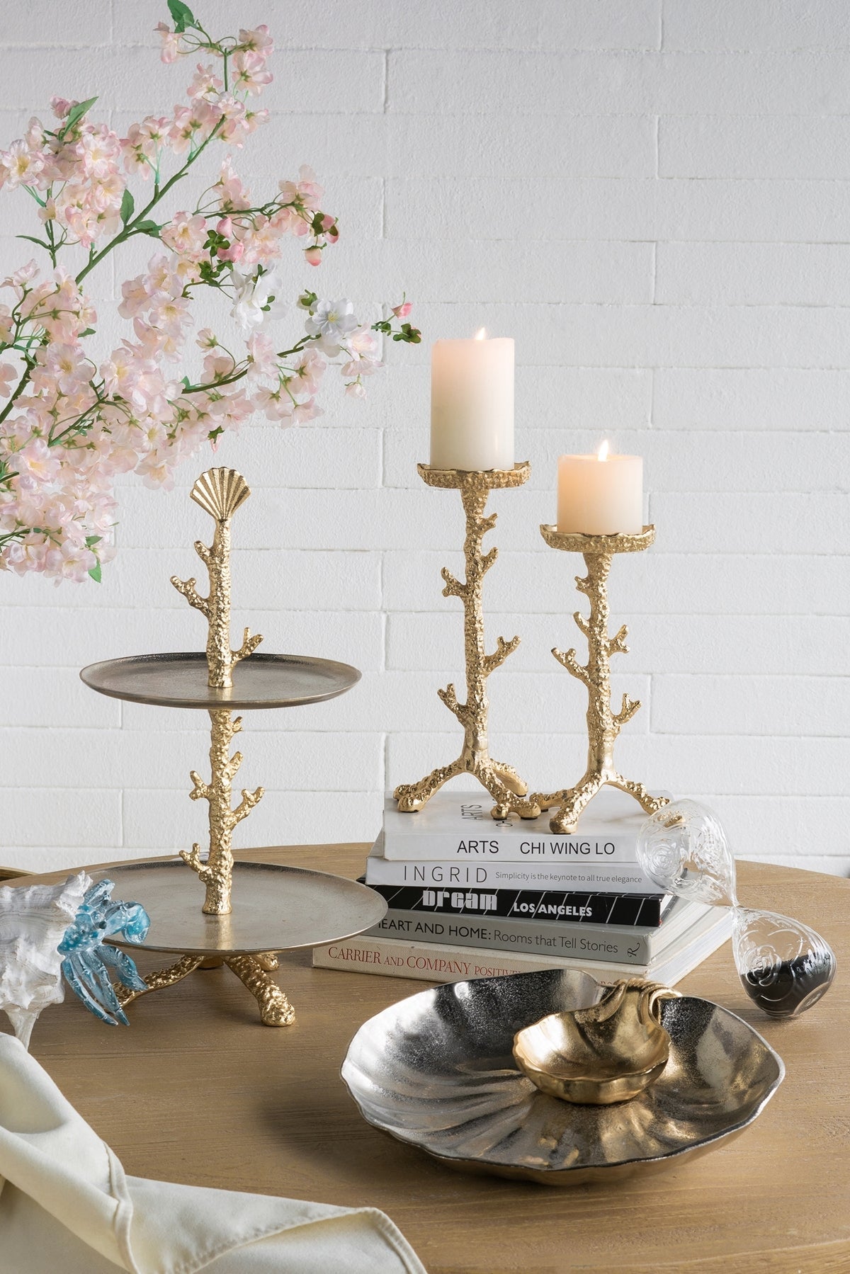 Gold Aluminum Pillar Candle Holder With Coral Branch Design, Set of 2