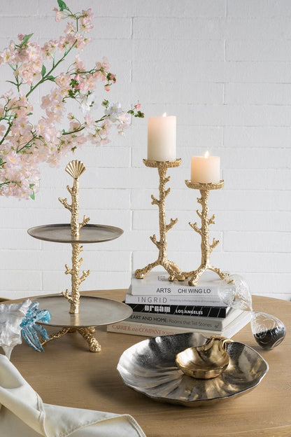 Gold Aluminum Pillar Candle Holder With Coral Branch Design, Set of 2