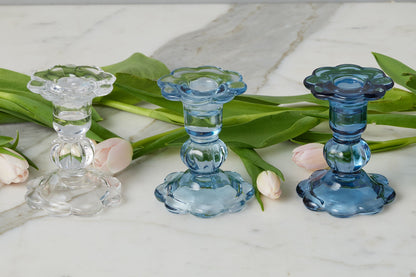 Glass Scalloped Candlesticks, Set of 3