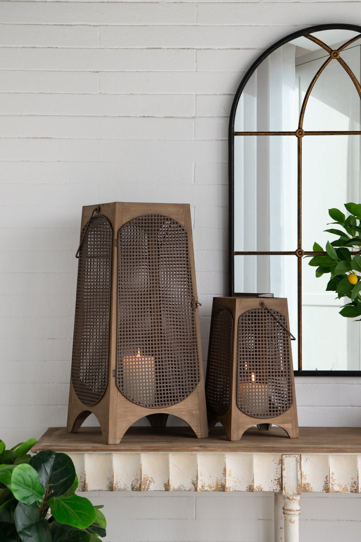 Weathered Brown Lanterns with Arched Legs, Set of 2