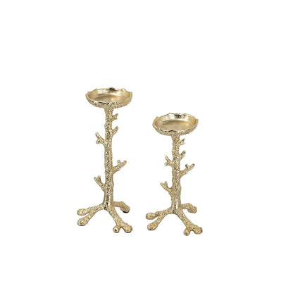 Gold Aluminum Pillar Candle Holder With Coral Branch Design, Set of 2